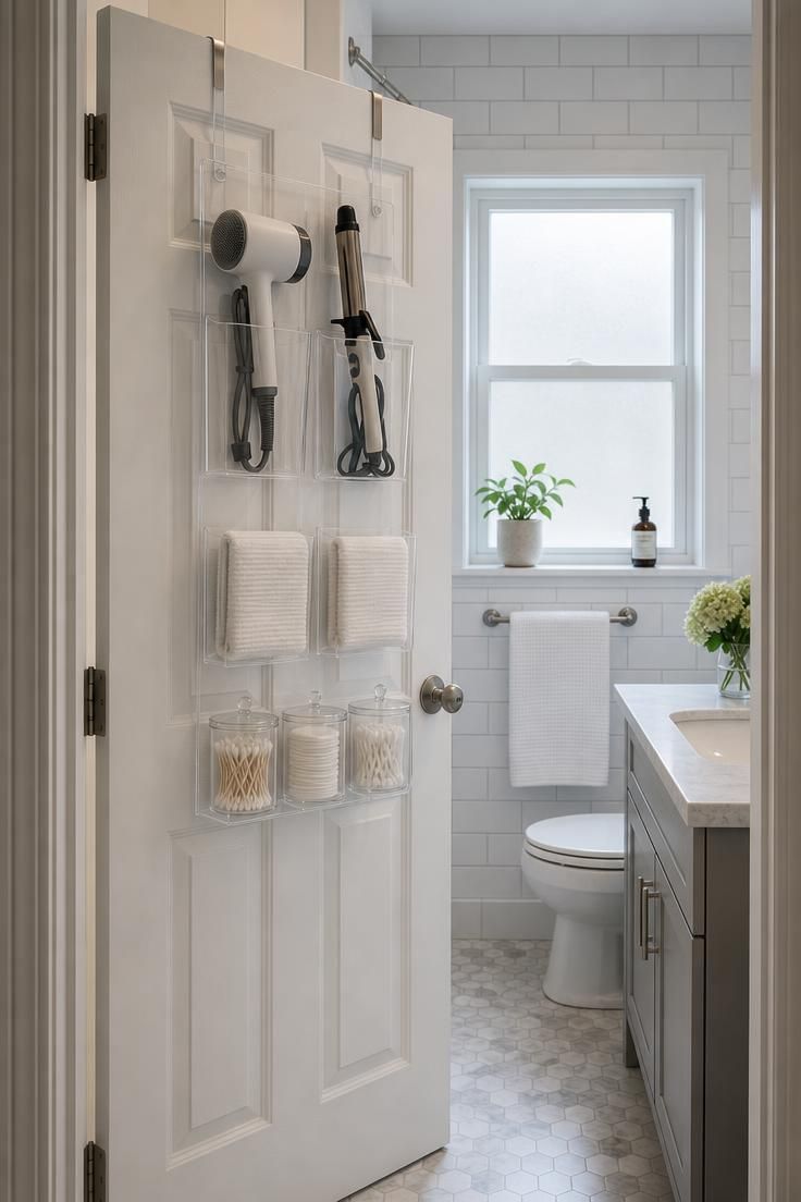 Clear acrylic pocket organizer over a white panel bathroom door, holding hair tools and folded towels in cool light.