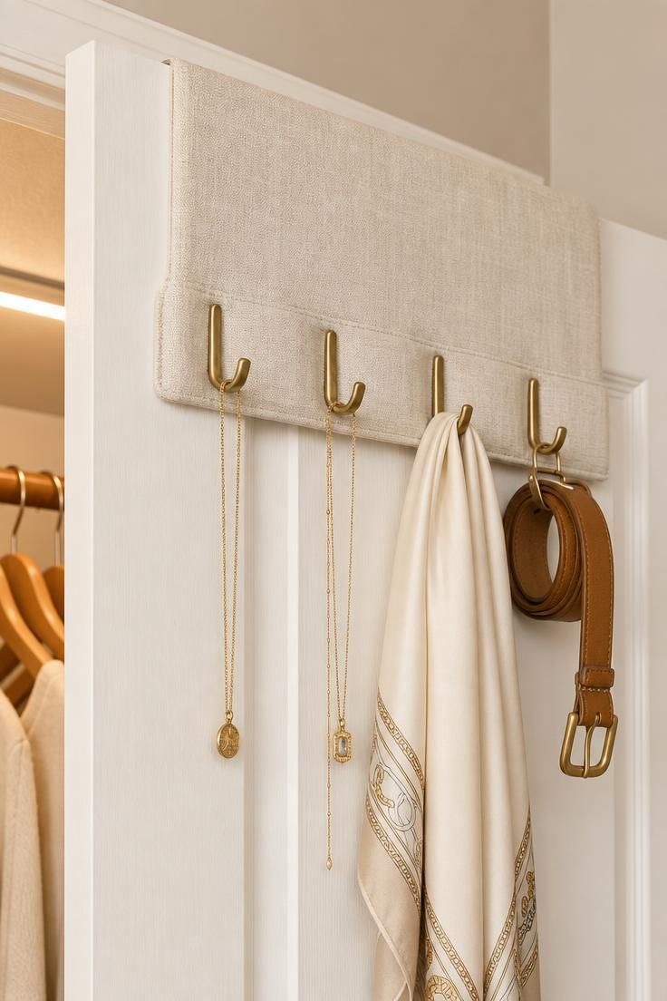 Cream linen and brass valet strip over a white closet door, holding necklaces, a scarf, and a leather belt in soft diffused light.