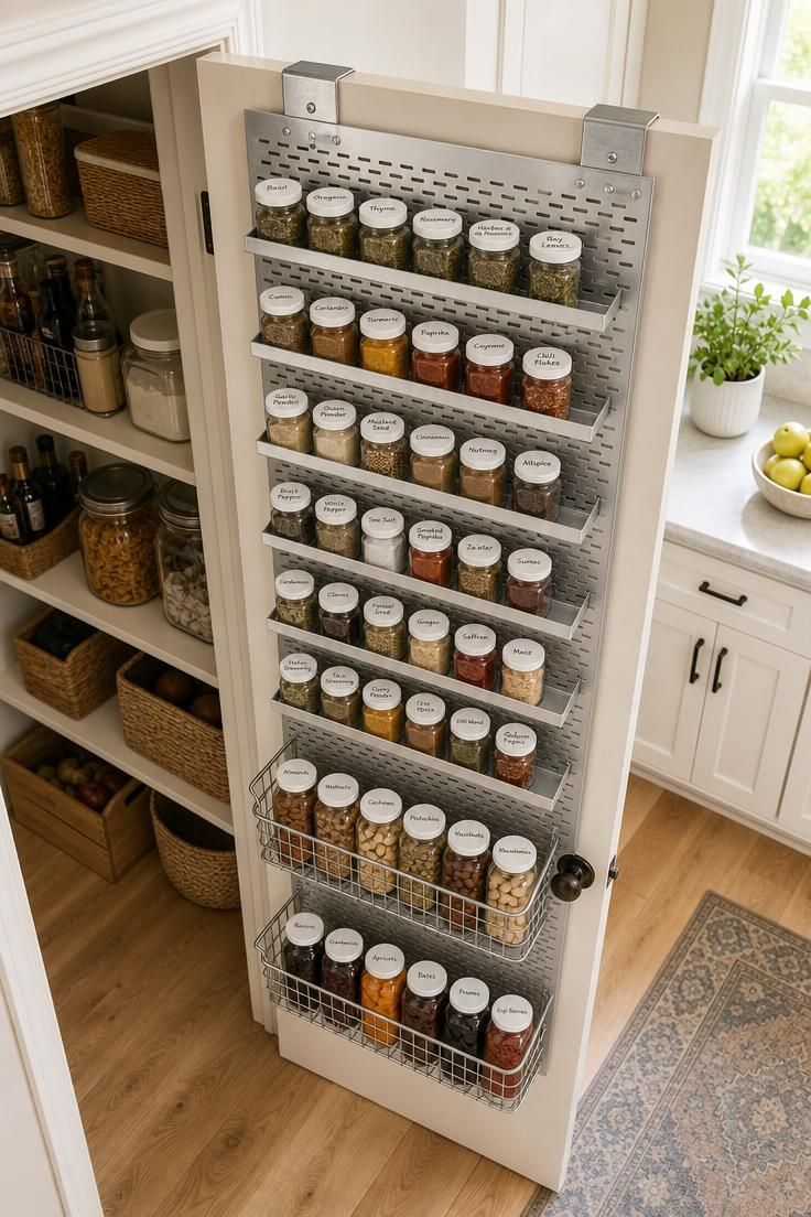 Perforated aluminum panel over a pantry door with spice rails and drop-down baskets, seen from overhead in bright light.