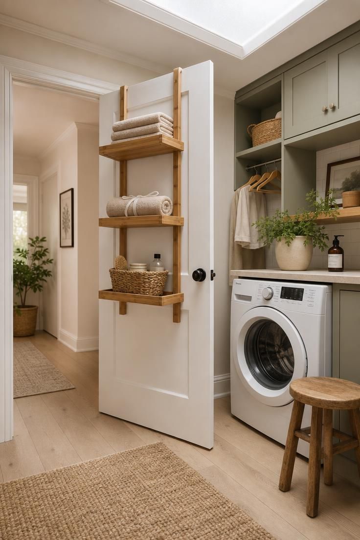 Bamboo shelf trio over a laundry room door, holding folded and rolled beige towels and a seagrass basket in soft diffused light.