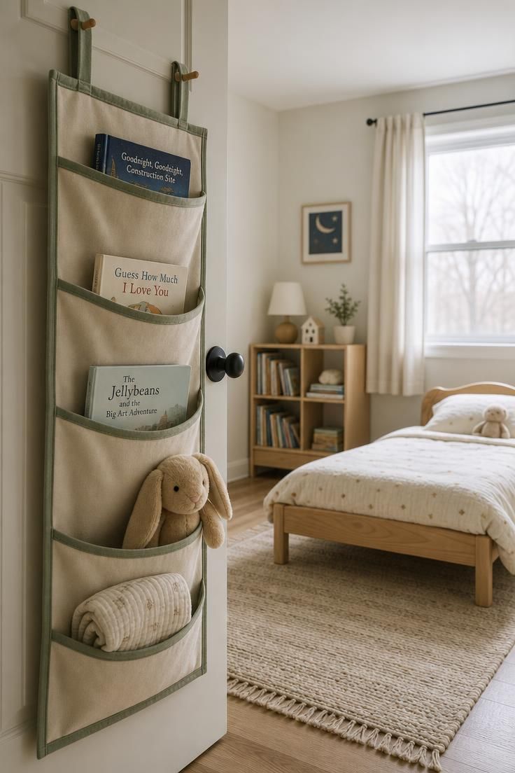 Cotton canvas hanging door organizer with sage trim holding children's books and a plush rabbit, in a calm bedroom with cool light.