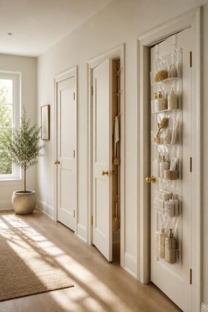 Bright hallway with three white doors, two revealing over the door storage systems in soft morning light.