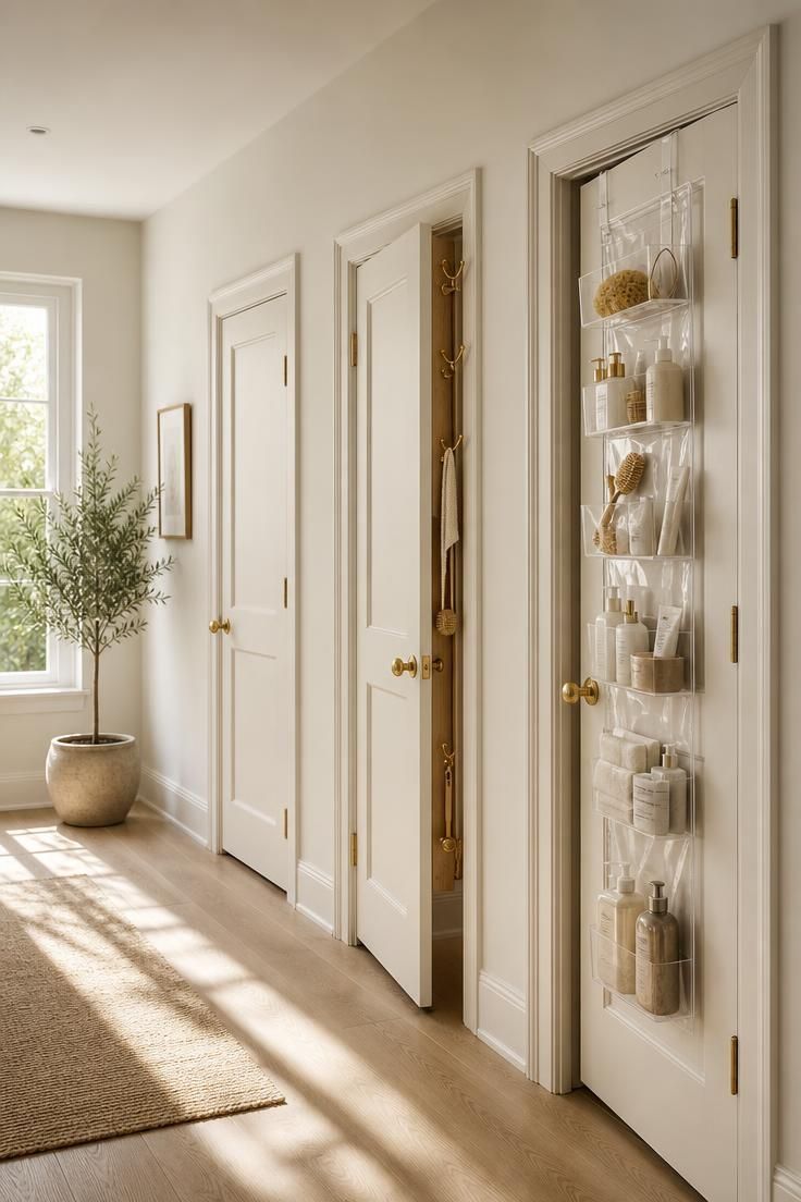Simple Spaces 19 Bright hallway with three white doors, two revealing over the door storage systems in soft morning light.