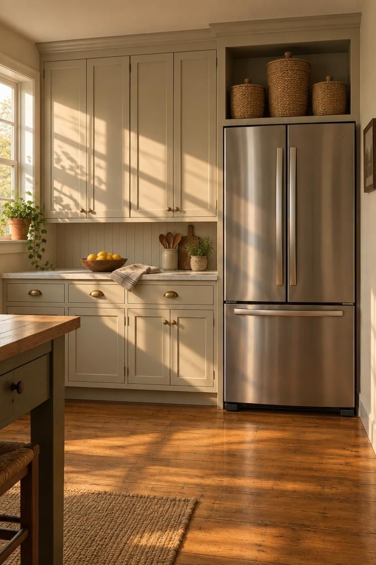 9 Cozy Over the Fridge Decor Ideas for a Warm Kitchen 1 Three seagrass lidded baskets of graduated heights filling the open alcove above a stainless refrigerator in a warm cream kitchen with oak floors.