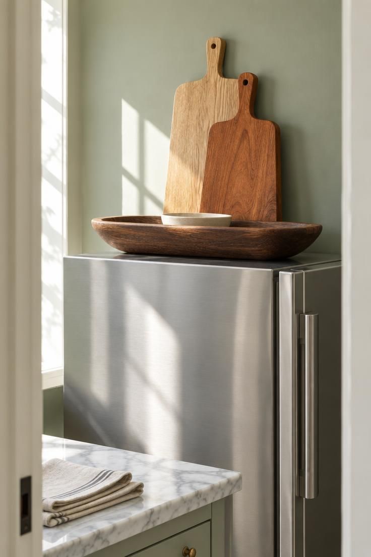 9 Cozy Over the Fridge Decor Ideas for a Warm Kitchen 3 A walnut dough bowl and two leaning wooden serving boards layered on a refrigerator top under bright midday kitchen light.