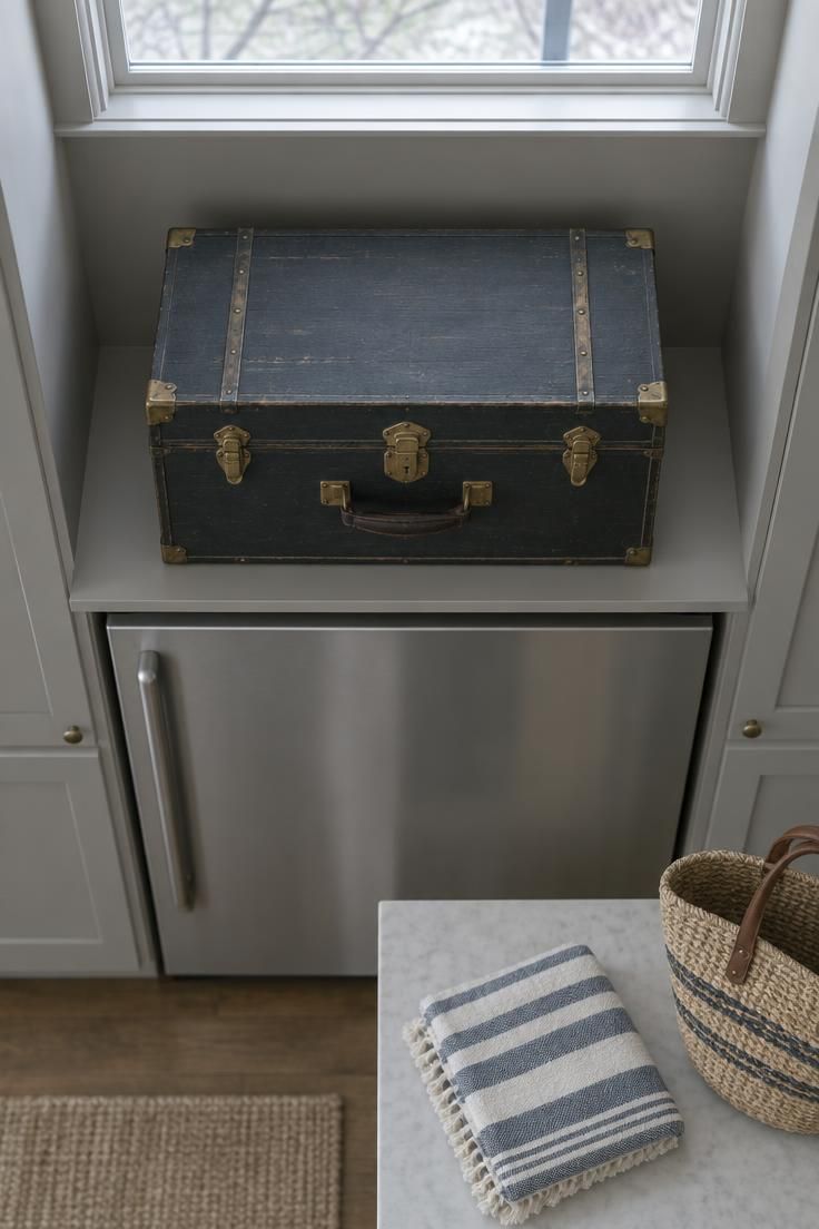 9 Cozy Over the Fridge Decor Ideas for a Warm Kitchen 4 A lidded vintage wood trunk with brass hardware centered in an alcove above a refrigerator under cool even light.