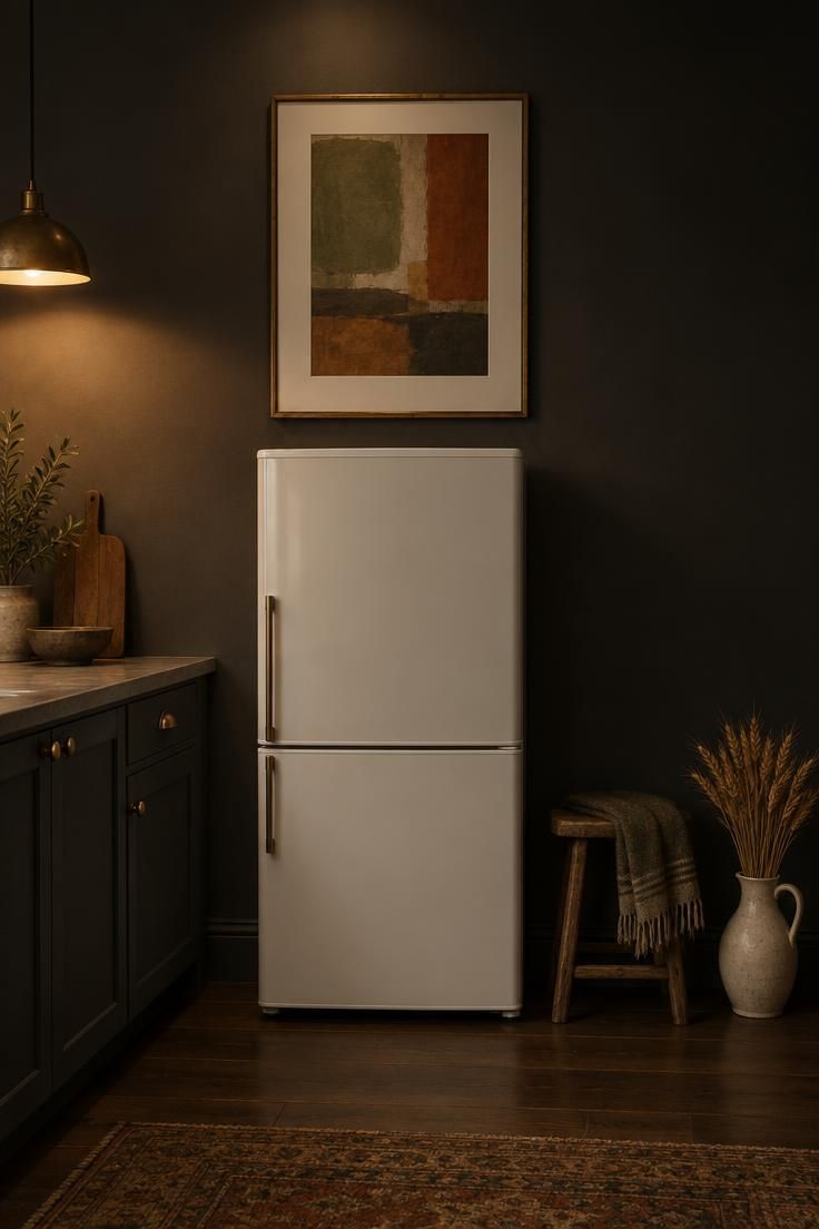 9 Cozy Over the Fridge Decor Ideas for a Warm Kitchen 5 A large brass-framed abstract print on a charcoal wall above a freestanding white refrigerator in moody low light.