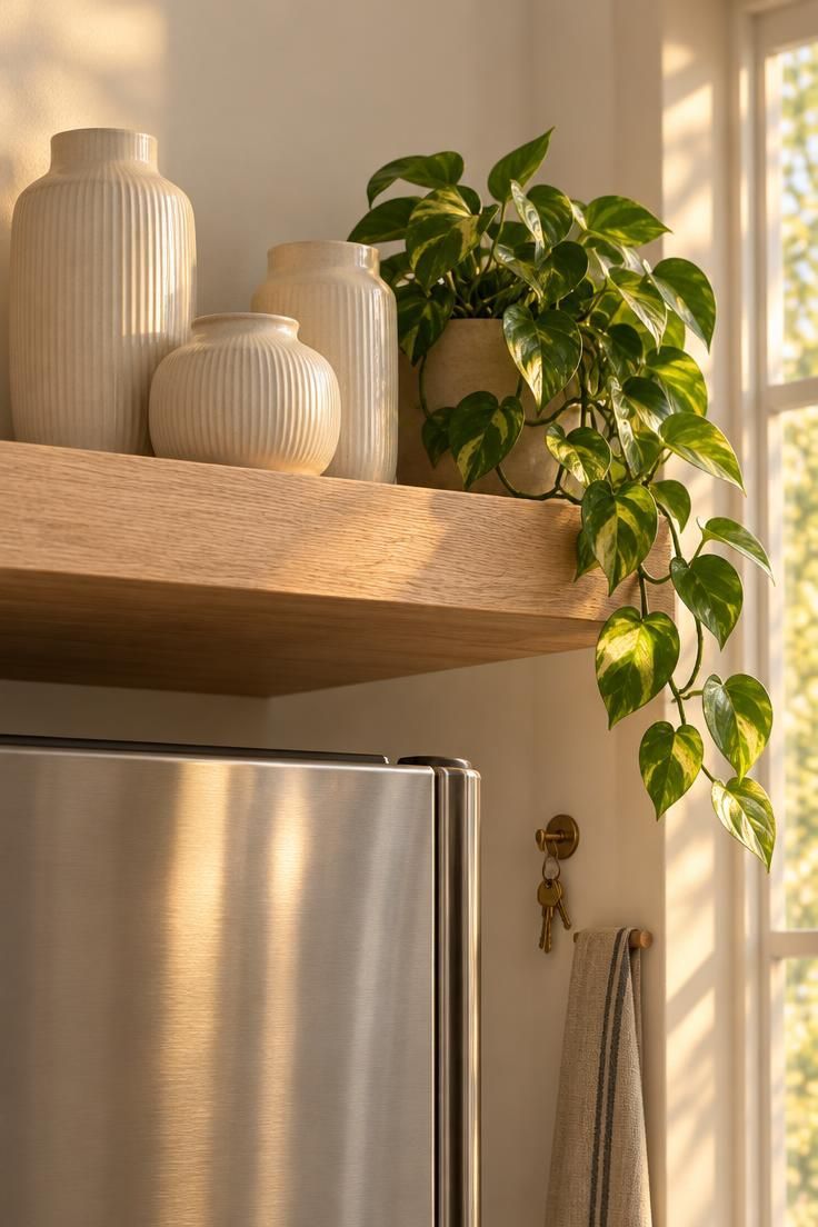 9 Cozy Over the Fridge Decor Ideas for a Warm Kitchen 6 A pale oak floating shelf above a refrigerator holding three matched cream ceramics and a trailing pothos plant in golden light.