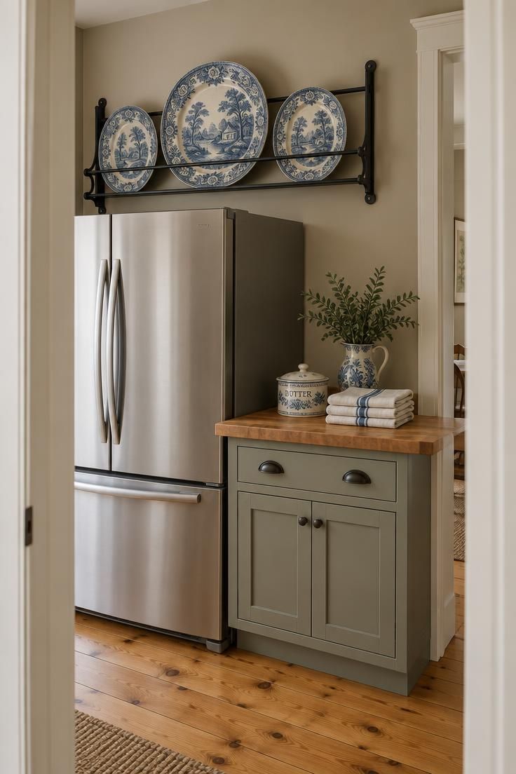 9 Cozy Over the Fridge Decor Ideas for a Warm Kitchen 7 A black metal plate rack above a refrigerator displaying four matched cream and blue transferware platters in soft morning light.