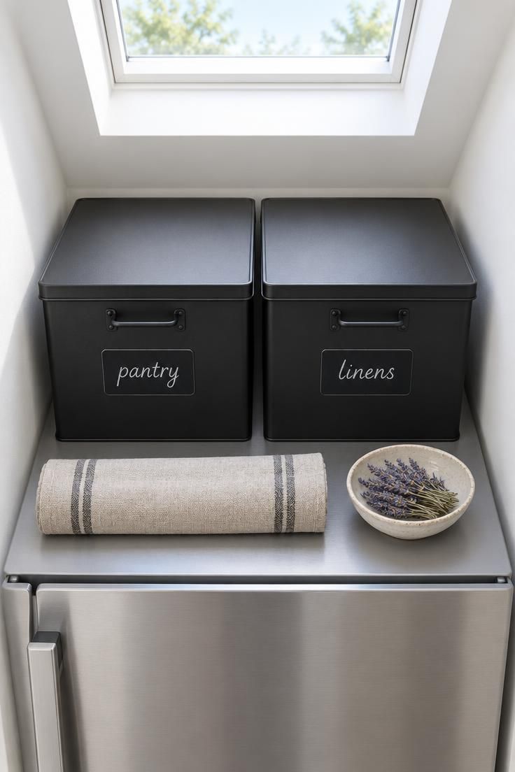 9 Cozy Over the Fridge Decor Ideas for a Warm Kitchen 8 Two matching black metal bins with chalkboard labels placed side by side above a refrigerator under bright even light.