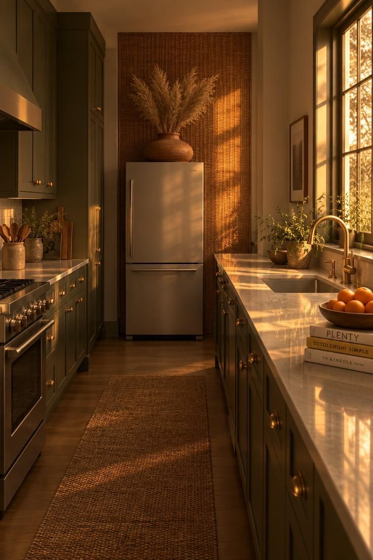 9 Cozy Over the Fridge Decor Ideas for a Warm Kitchen 9 A woven rattan wall panel behind a low terracotta vase of dried pampas above a refrigerator in an olive galley kitchen.