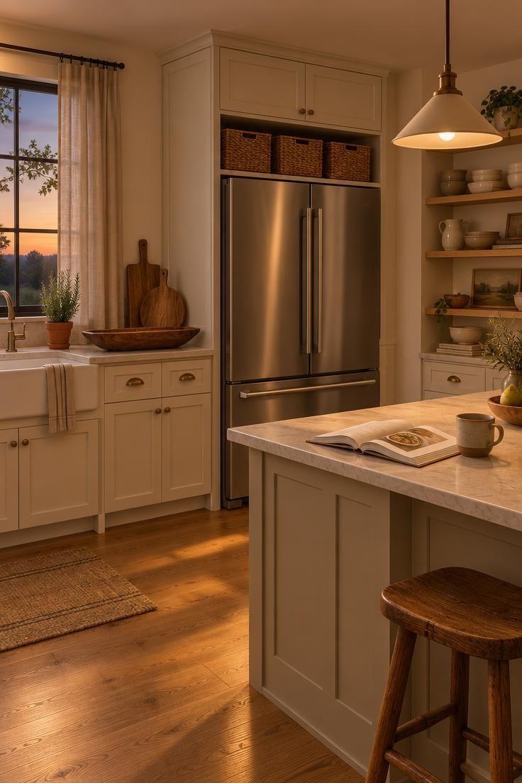 A warm dusk kitchen with seagrass baskets above a stainless refrigerator, wooden serving pieces on the counter, and cream cabinets with oak shelving.