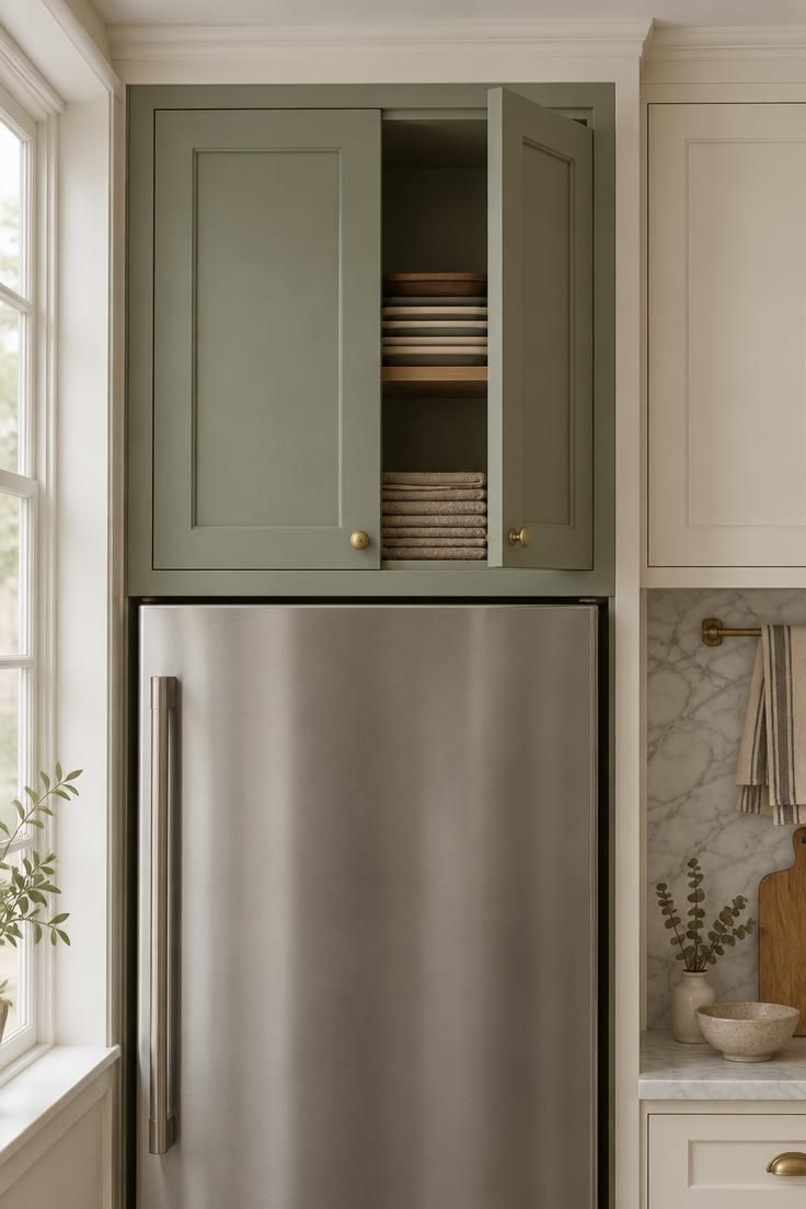 9 Clever Over the Fridge Storage Ideas That End Clutter 1 Shallow matte sage door-front cabinet above a refrigerator with one door ajar showing stacked flat trays, soft left-side daylight, brass knobs, and warm white surrounding cabinetry in a refined kitchen.