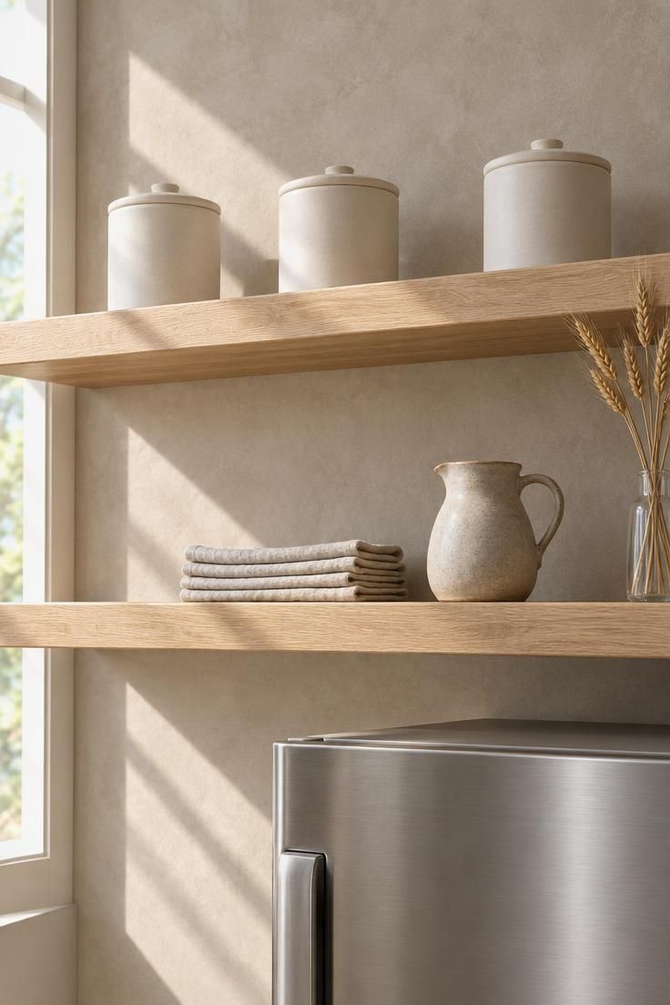 9 Clever Over the Fridge Storage Ideas That End Clutter 2 Two white oak open shelves above a refrigerator styled with three cream ceramic canisters and a small stack of linen napkins, bright midday light with crisp diagonal shadows on a limewash wall.