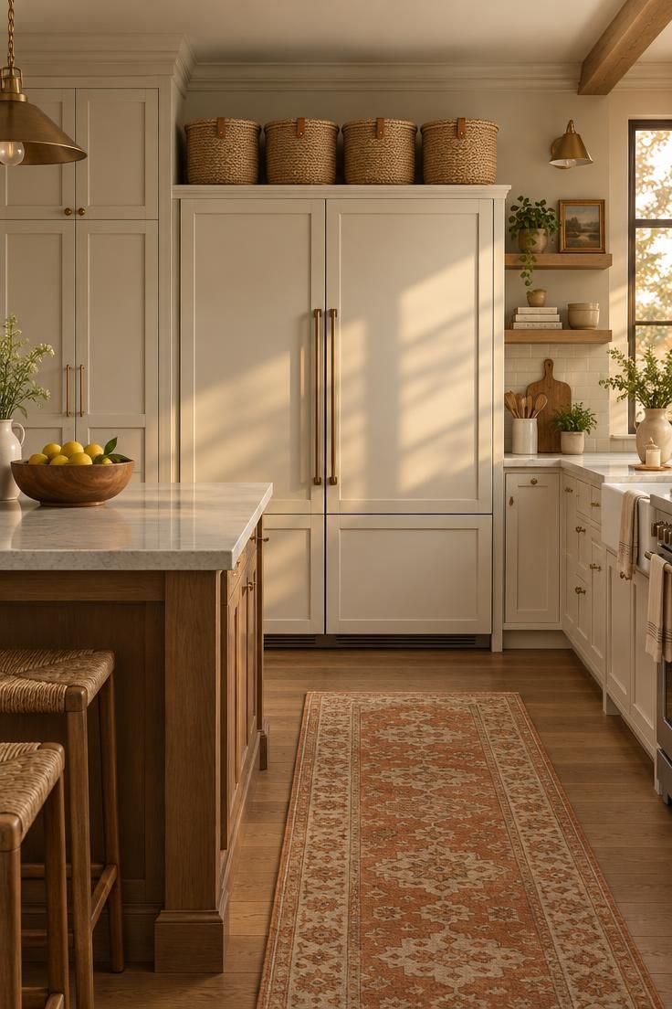 9 Clever Over the Fridge Storage Ideas That End Clutter 3 Four matching lidded seagrass bins with leather pull tabs lined up across the top of a refrigerator, warm golden afternoon light, panel-ready cabinetry, and a terracotta runner in a wide kitchen view.