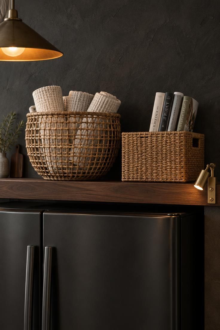 9 Clever Over the Fridge Storage Ideas That End Clutter 4 Two open-weave rattan baskets on a slim walnut ledge above a refrigerator, one with rolled towels and one with rolled magazines, warm pendant light against a charcoal plaster wall.