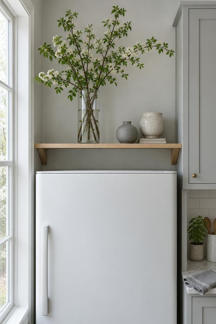 9 Clever Over the Fridge Storage Ideas That End Clutter 6 A narrow display shelf above a refrigerator with a tall glass vase of green seasonal branches and two small stoneware pieces, soft diffused daylight in a cool neutral kitchen.
