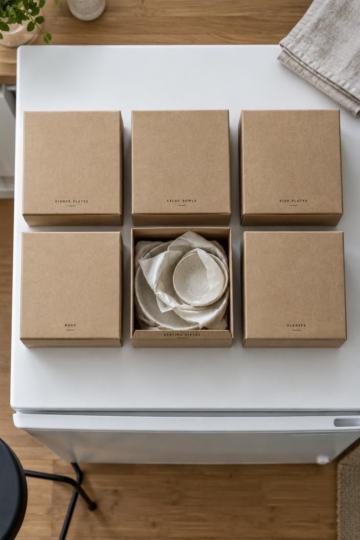 9 Clever Over the Fridge Storage Ideas That End Clutter 7 Overhead view of six matched kraft boxes with stamped labels arranged in two rows on a refrigerator top, one open with tissue-wrapped serving pieces, bright skylight daylight.