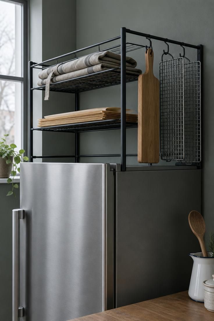 9 Clever Over the Fridge Storage Ideas That End Clutter 8 A slim black metal wire rack above a refrigerator with S-hooks holding a wooden cutting board and flat cooling racks vertically, cool overcast daylight on a gray-green wall.