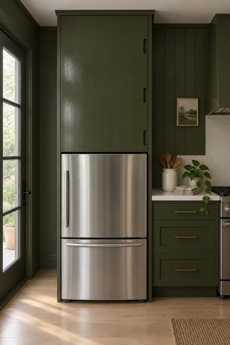 9 Clever Over the Fridge Storage Ideas That End Clutter 9 Glossy moss green floor-to-ceiling cabinet face resting over a stainless refrigerator with a shiplap wall panel and warm oak floor below.
