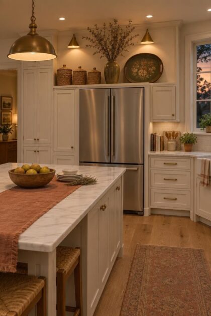 9 Clever Over the Fridge Storage Ideas That End Clutter Cozy dusk kitchen with a styled fridge-top arrangement of lidded woven baskets, a tall vase of dried branches, and a leaning painted wooden tray, warm brass sconce and pendant light across warm white cabinetry and a terracotta linen runner.