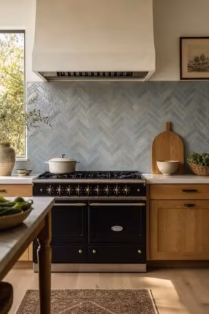 Cozy kitchen range wall with pale blue herringbone zellige tile, white hood, black range, and subtle countertop accents.