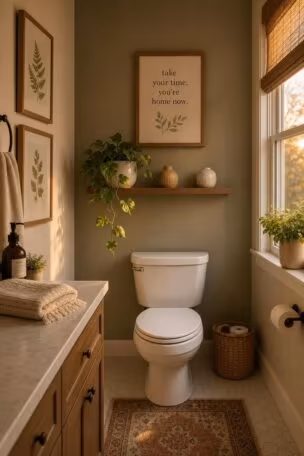 Cozy bathroom wall above a toilet with a floating shelf, pothos, botanical prints, and a folded towel in warm evening light.
