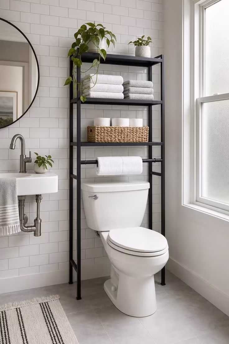 10 Over the Toilet Storage Ideas to End Clutter Now 1 Black metal ladder shelf over a white toilet in a bright subway-tiled bathroom, holding folded towels, a woven basket, and ceramic pots.