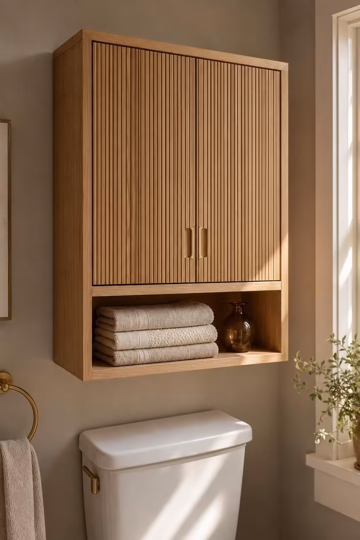 10 Over the Toilet Storage Ideas to End Clutter Now 2 White oak wall-mounted cabinet with fluted doors above a toilet, holding folded towels and a small amber vase.
