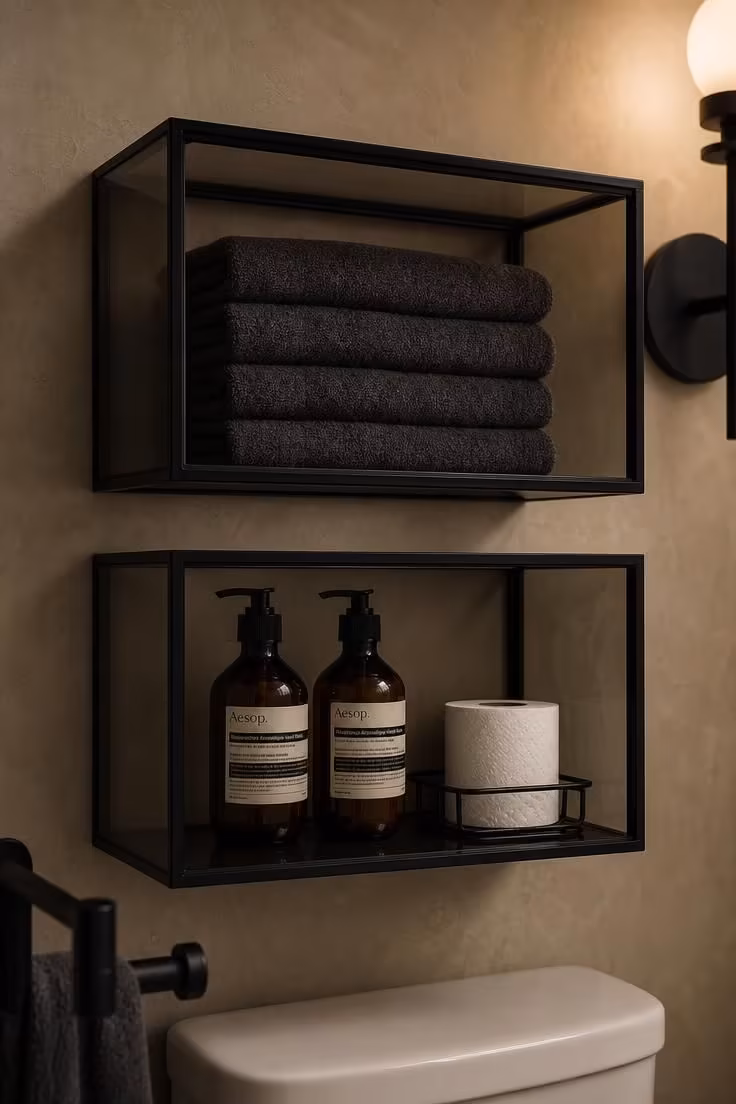 10 Over the Toilet Storage Ideas to End Clutter Now 3 Two black metal box shelves with smoked glass above a toilet, holding charcoal towels and amber pump bottles.