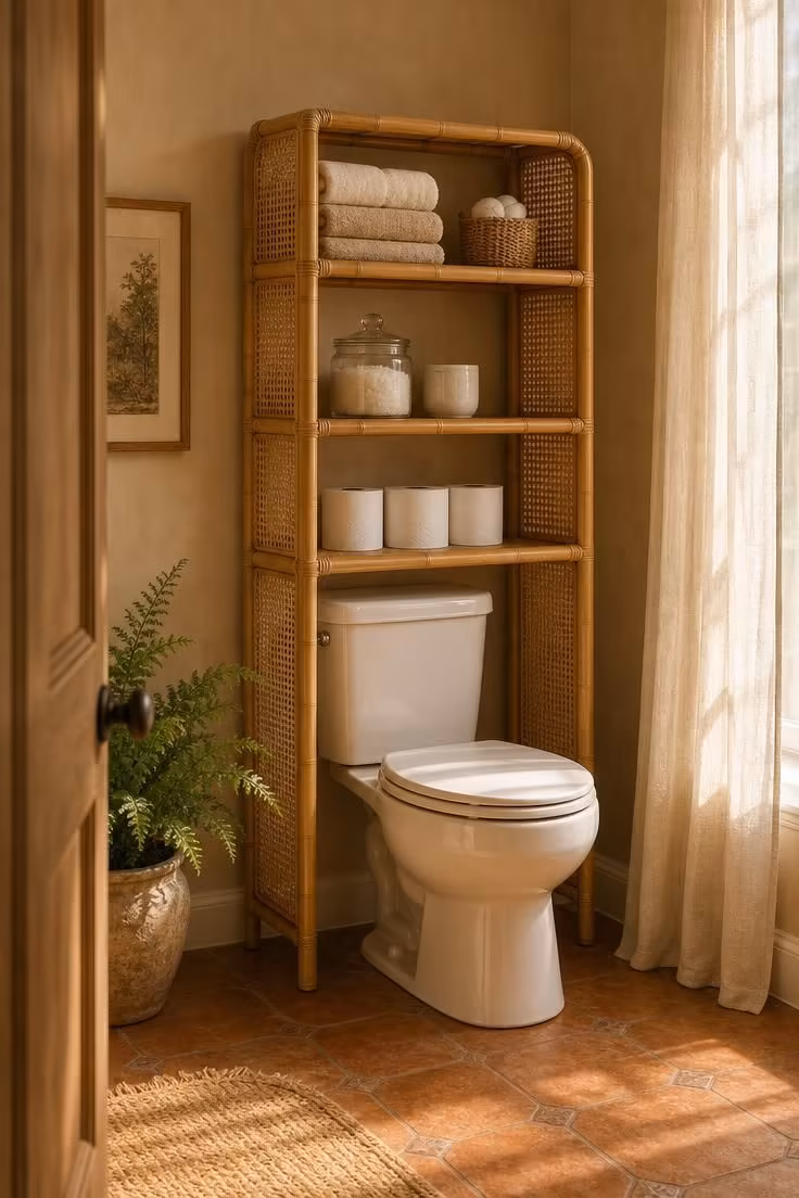 10 Over the Toilet Storage Ideas to End Clutter Now 4 Bamboo and cane rattan freestanding shelf around a toilet, holding towels, a rattan basket, and a glass jar.