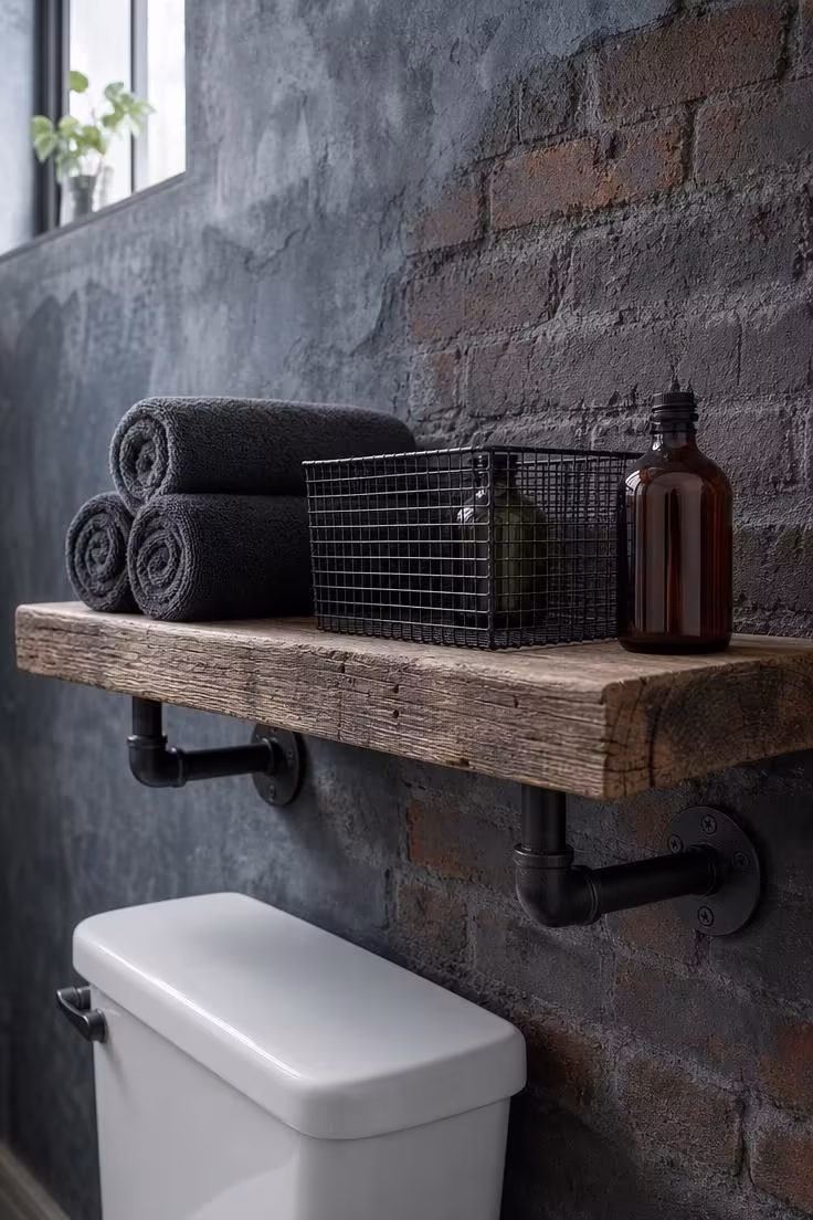 10 Over the Toilet Storage Ideas to End Clutter Now 5 Reclaimed wood shelf with black pipe brackets above a toilet, holding rolled towels and a wire basket.
