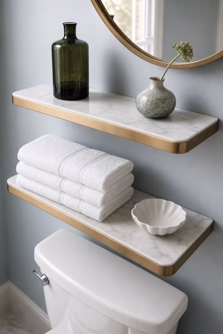 10 Over the Toilet Storage Ideas to End Clutter Now 6 Brushed brass and white marble floating ledges above a toilet, holding folded towels, a green bottle, and a bud vase.