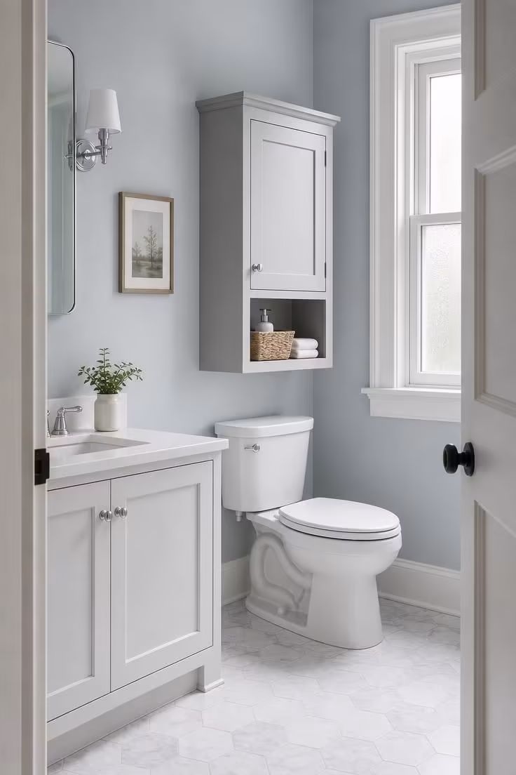 10 Over the Toilet Storage Ideas to End Clutter Now 7 Light gray Shaker cabinet over a toilet with an open bottom shelf, holding a woven basket and folded towel.