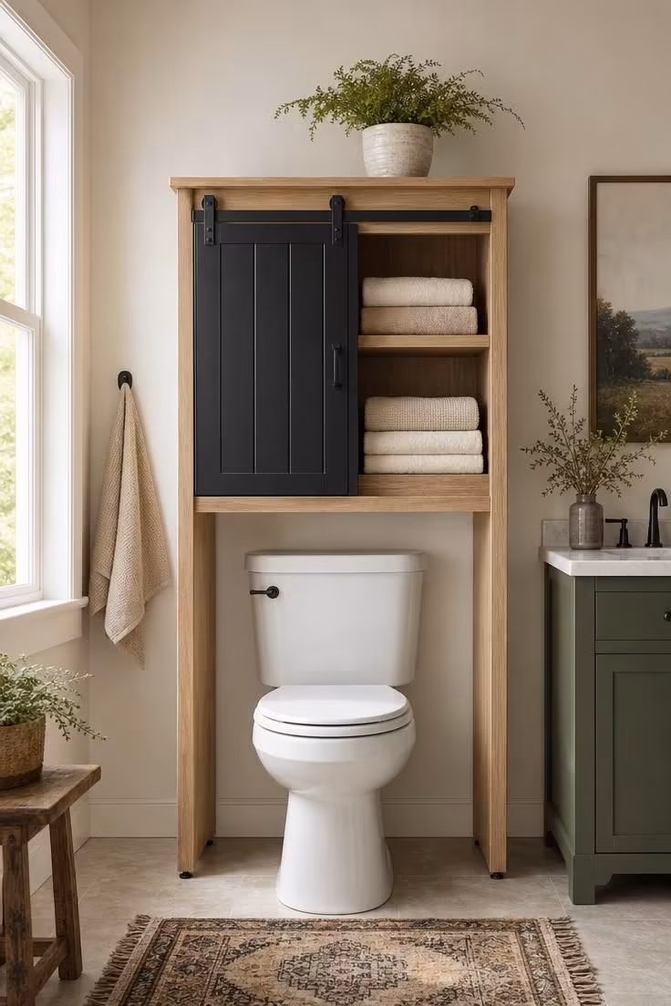 10 Over the Toilet Storage Ideas to End Clutter Now 8 Oak over-toilet cabinet with a sliding black barn door half-open, holding towels, bins, and a small fern.