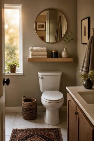 Cozy bathroom with a white oak shelf over the toilet, holding folded towels, a black and brass canister, and a small vase.