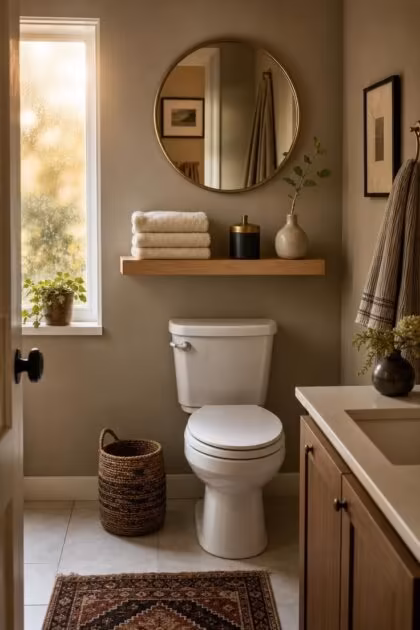 10 Over the Toilet Storage Ideas to End Clutter Now Cozy bathroom with a white oak shelf over the toilet, holding folded towels, a black and brass canister, and a small vase.