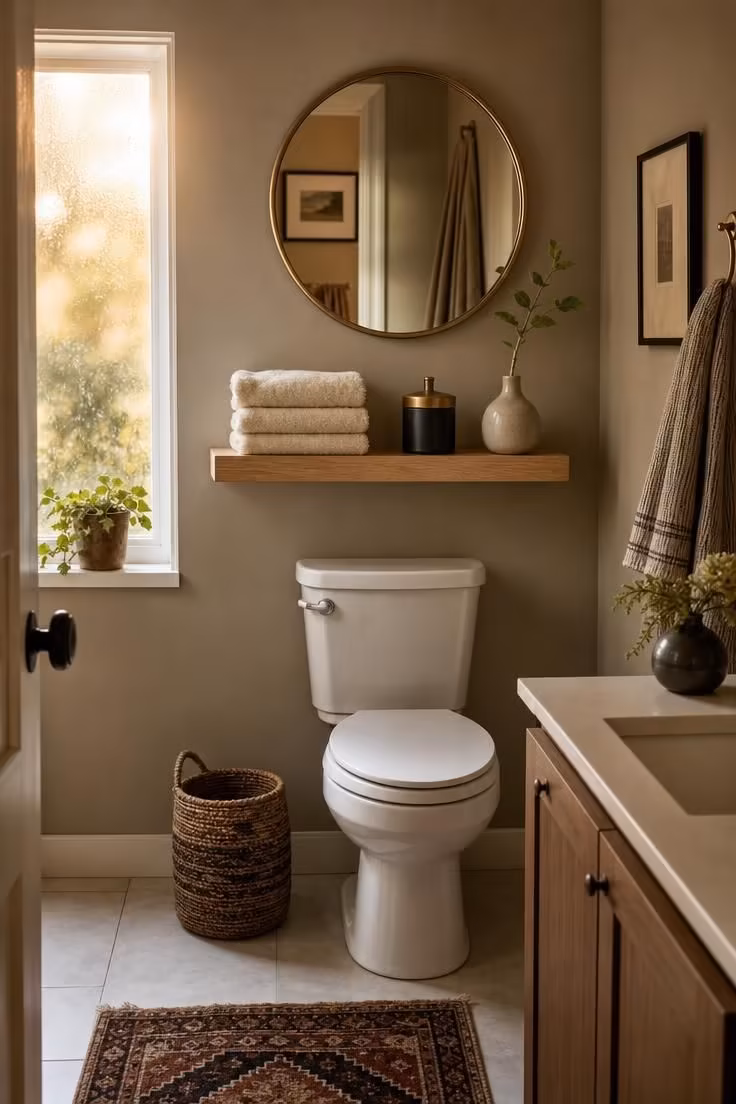 Simple Spaces 16 Cozy bathroom with a white oak shelf over the toilet, holding folded towels, a black and brass canister, and a small vase.