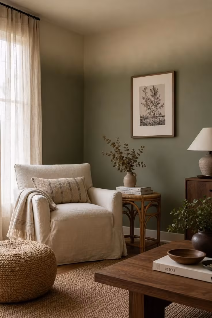 10 Painting Ideas for Living Room That Feel Instantly Rich 2 Sage green walls capped with a warm cream ceiling in a cozy living room corner.