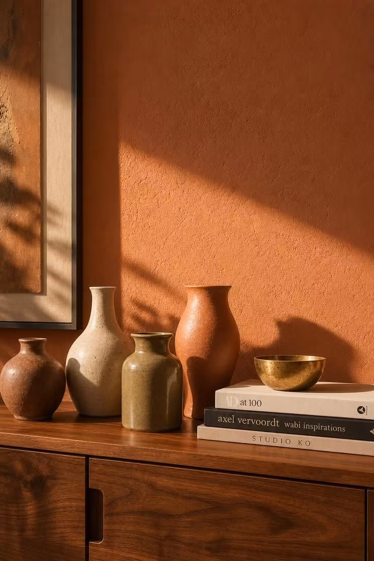 10 Painting Ideas for Living Room That Feel Instantly Rich 3 Terracotta clay accent wall behind a walnut media console in warm afternoon light.