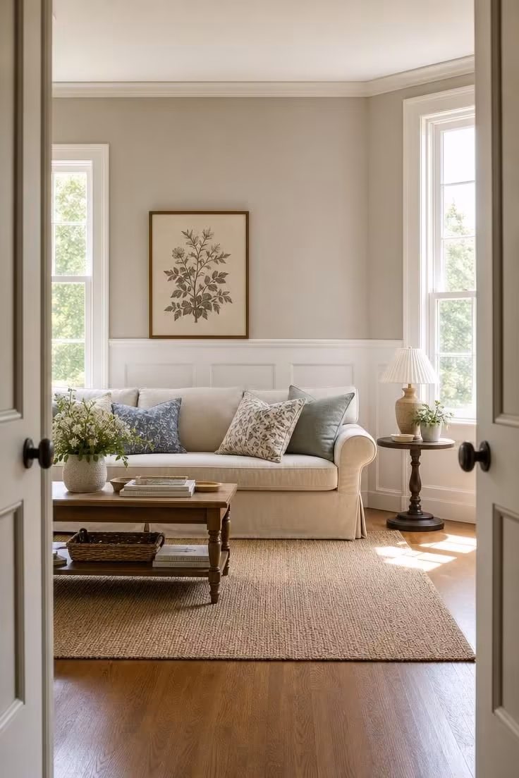 10 Painting Ideas for Living Room That Feel Instantly Rich 4 Two tone greige and white wainscoting living room viewed from the doorway.