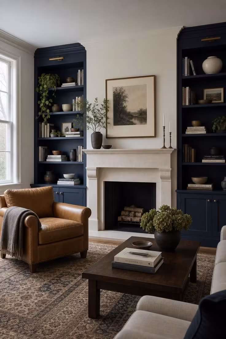 10 Painting Ideas for Living Room That Feel Instantly Rich 5 Hale navy built-in bookshelves beside a pale limestone fireplace hearth.