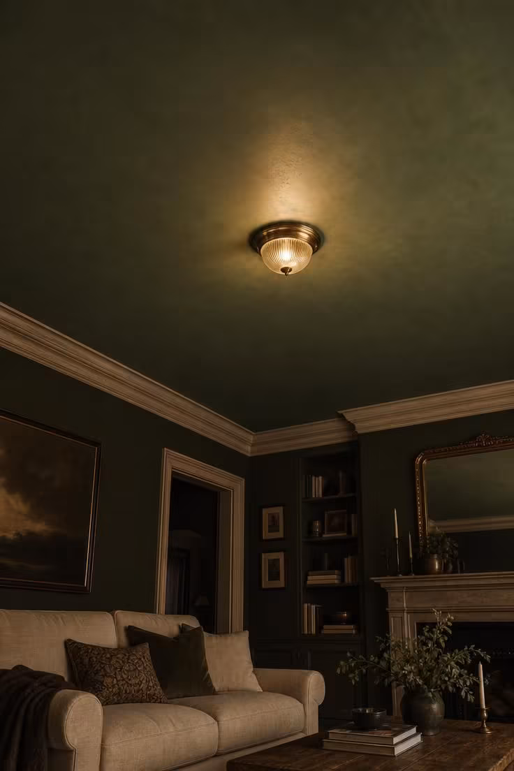 10 Painting Ideas for Living Room That Feel Instantly Rich 6 Muddled basil green painted ceiling above whitewashed oak trim in a living room.
