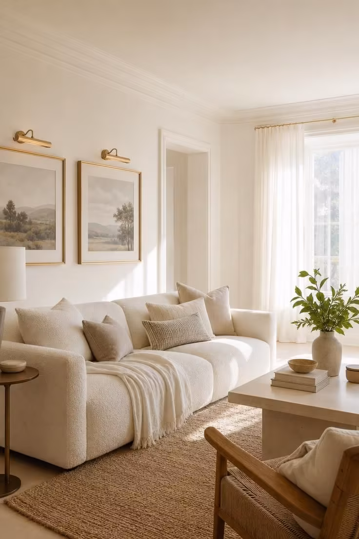 10 Painting Ideas for Living Room That Feel Instantly Rich 7 Warm white drenched living room walls with brass picture lights above framed art.