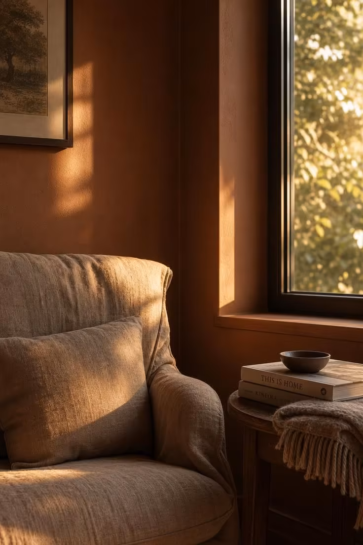 10 Painting Ideas for Living Room That Feel Instantly Rich 8 Cinnamon slate painted reading nook with a linen armchair in warm afternoon light.