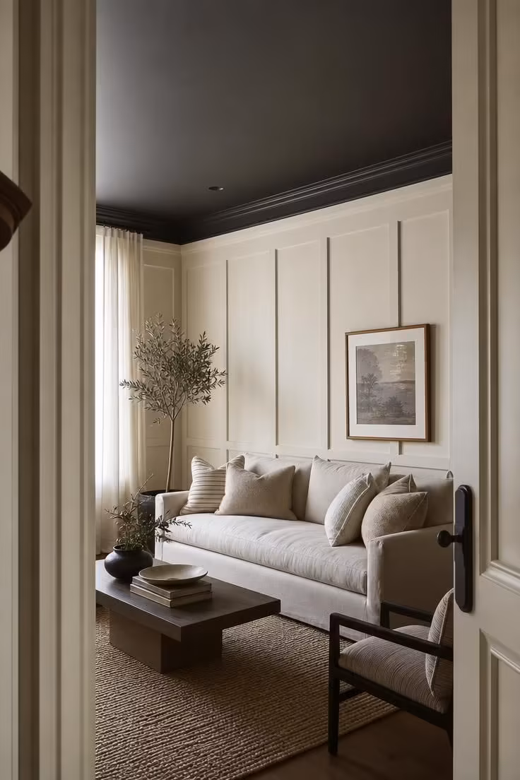 10 Painting Ideas for Living Room That Feel Instantly Rich 9 Cream board and batten walls with a charcoal color capped ceiling in a living room.