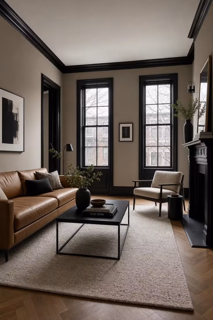 10 Painting Ideas for Living Room That Feel Instantly Rich 10 Mushroom greige living room walls with glossy black trim around windows.