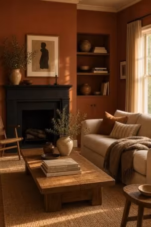 Cozy terracotta living room with a matte black fireplace and warm golden light.