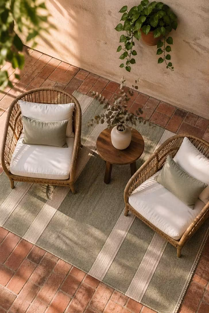Outdoor rug in sage and cream stripes layered under rattan armchairs on a terracotta patio