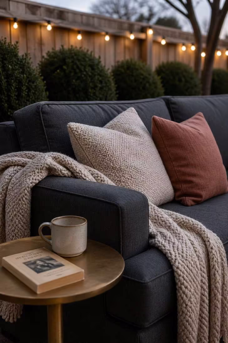 Chunky cream throw blanket draped over deep outdoor sofa with textured pillows at blue hour